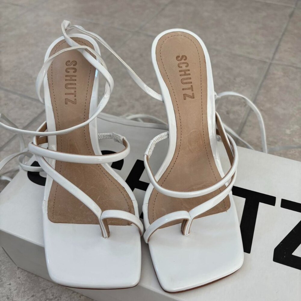 Schutz white strappy heels